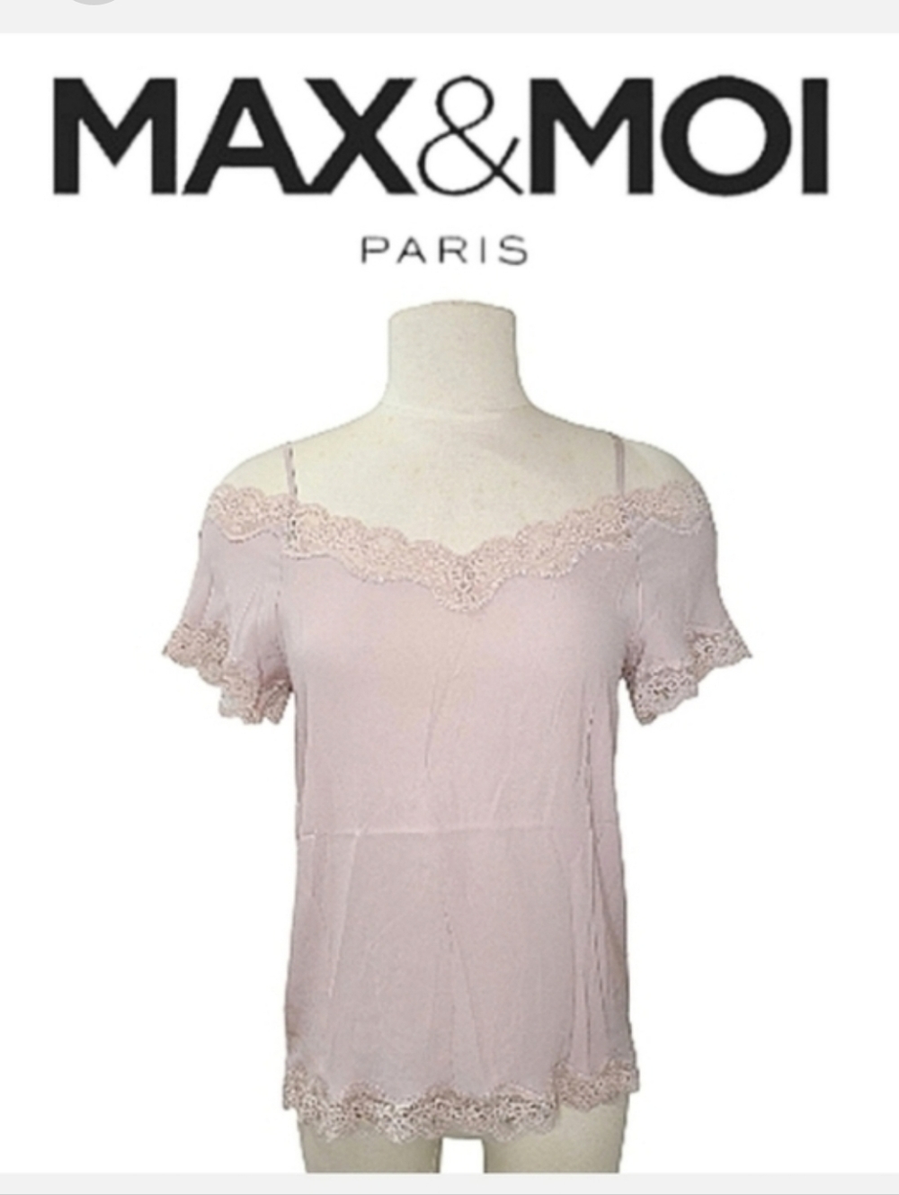 Max & Moi Paris Short Sleeve Cami Top Pink Silk & Lace Open Shoulder 38 US/M NWT